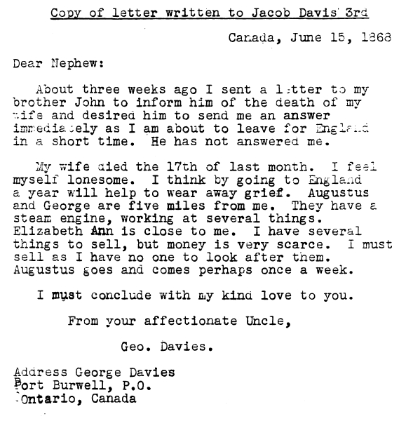 Letter from George Davies to Jacob Davis 3rd – Forgotten 